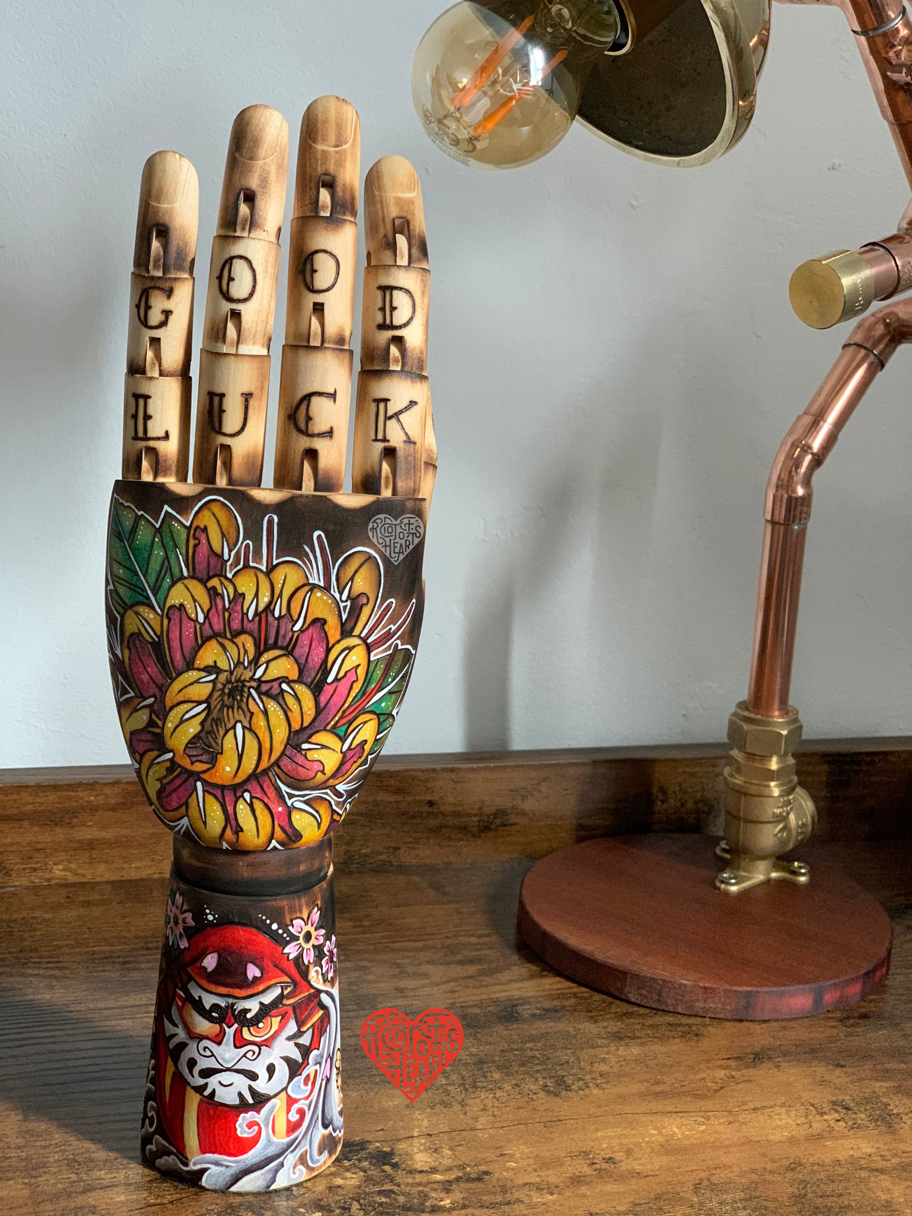 Chrysanthemum and Daruma Doll | Good Luck Tattoo Wooden Hand – RiotofHearts